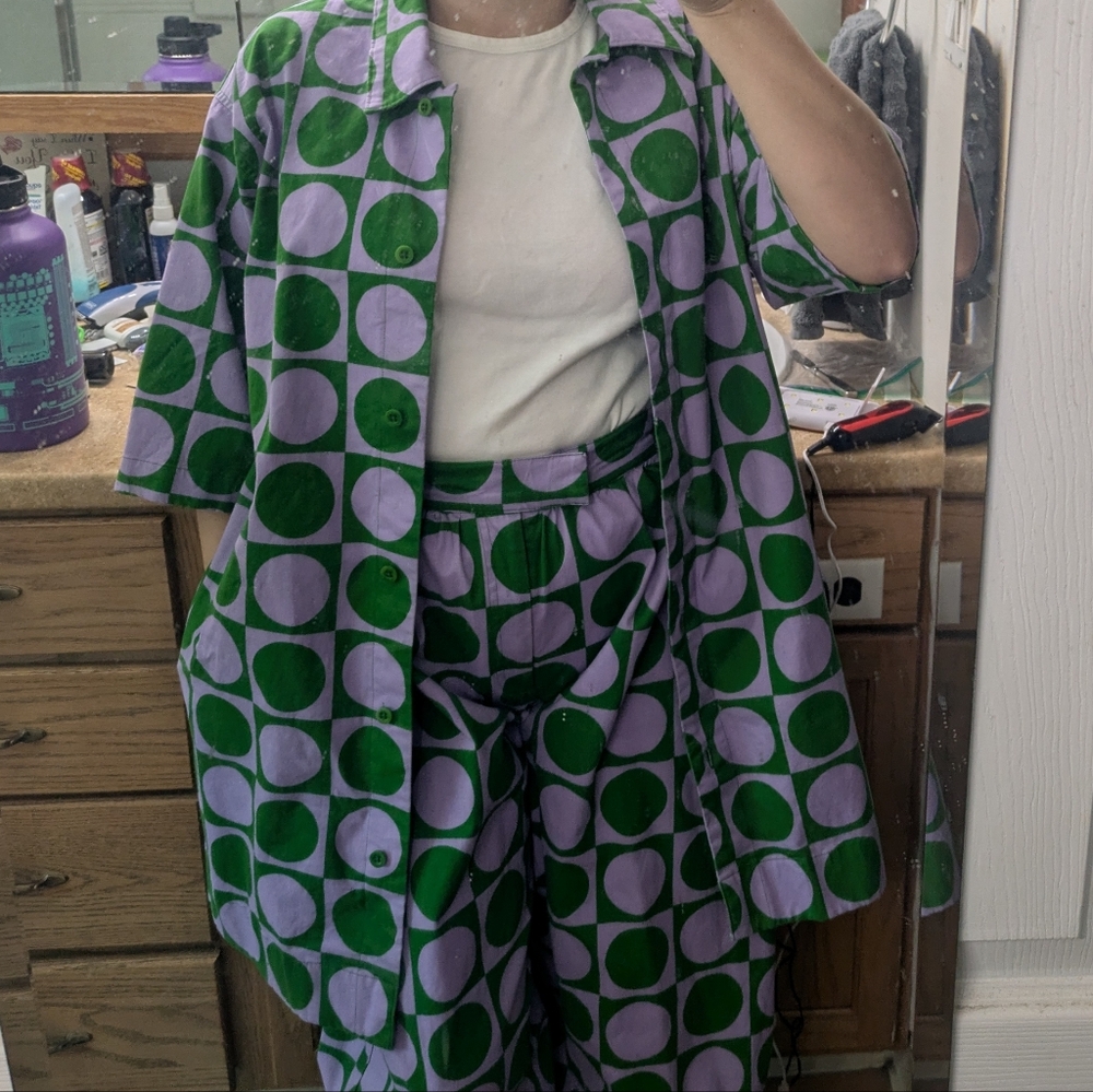 Green and Purple Geometric Shirt Dress